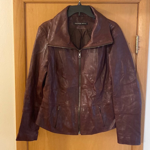 Andrew Marc Soft Leather Moto Style Jacket Burgundy Port Size Large